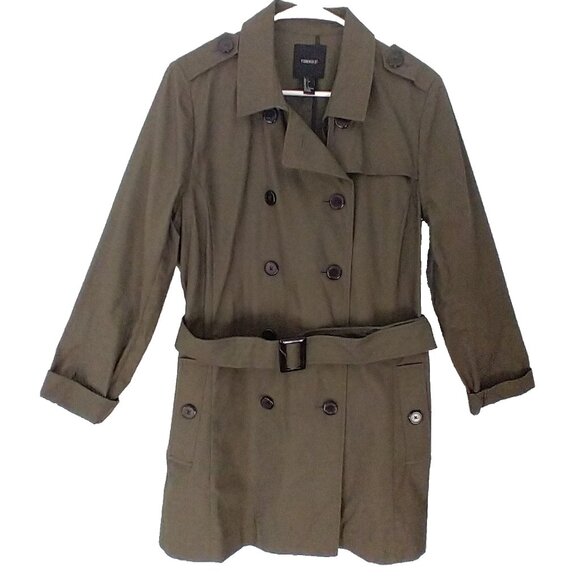 Forever 21 Women's Trench Coat Army Green Mid Length Belt Pockets Cotton - Large - Picture 1 of 12